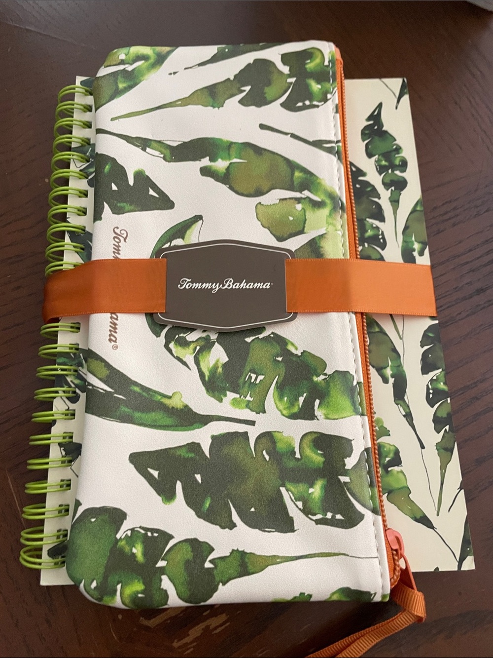 Tommy Bahama Green Leaf Spiral Notebook with Orange Zipper and Lime Coil